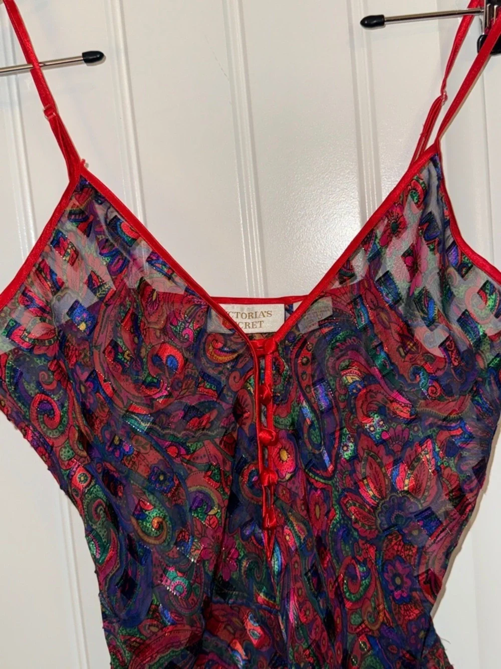 Victoria's Secret Sheer Paisley Teddy Red-Multicolor Print Vintage Sz Med - Picture 6 of 15